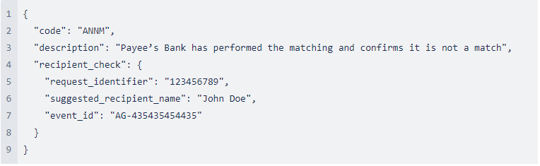 Sample error code for confirmation of recipient regulation